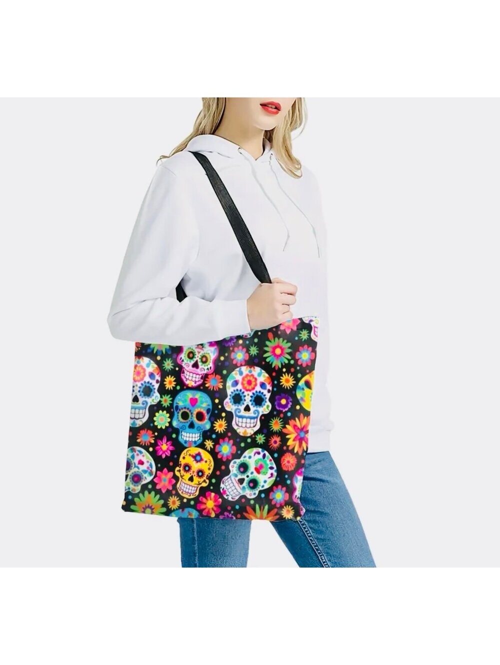 New - Vibrant - Large Capacity Sugar Skulls & Floral Pattern Tote Bag